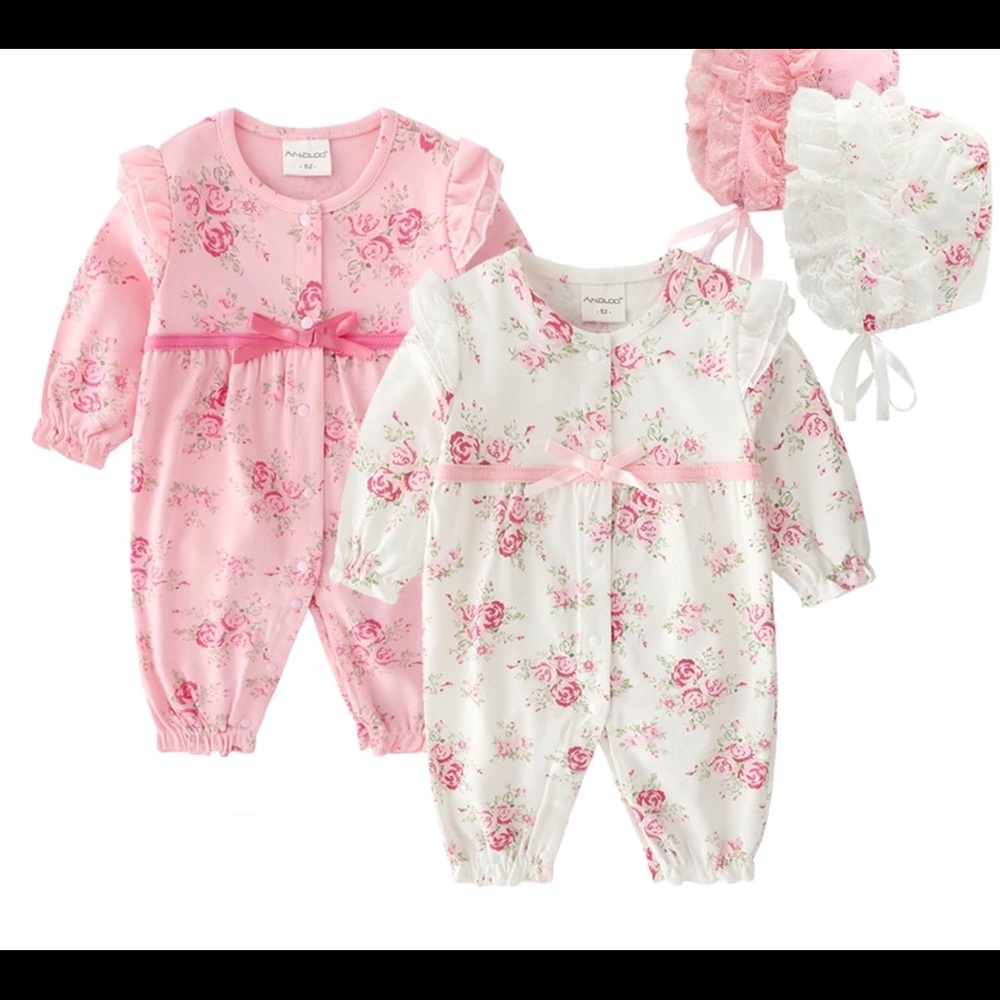 Baby girl floral cotton Pink and White romper and hat set, Long Sleeve, NWT